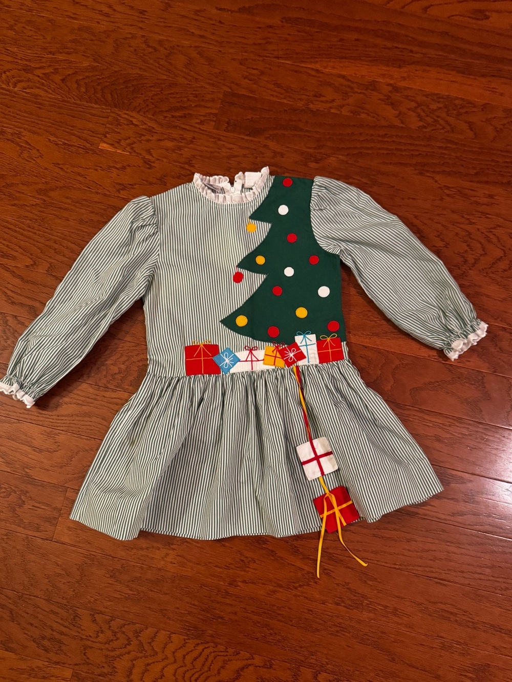 Vintage 1980s Youngland Green White Candy Stripe Christmas Dress - Size 5